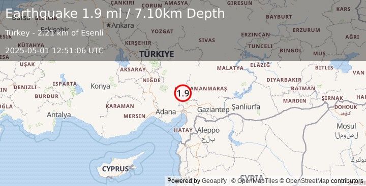 Earthquake CENTRAL TURKEY (1.9 ml) (2025-05-01 12:51:06 UTC)