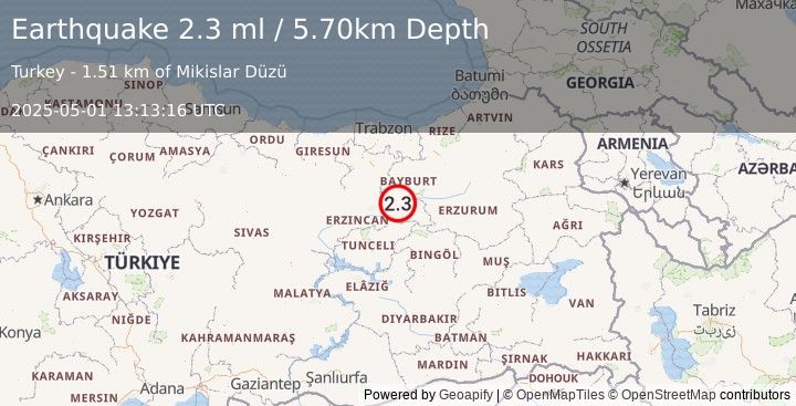 Earthquake EASTERN TURKEY (2.3 ml) (2025-05-01 13:13:16 UTC)