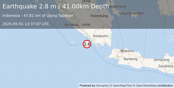 Earthquake SOUTHERN SUMATRA, INDONESIA (2.8 m) (2025-05-01 13:37:07 UTC)