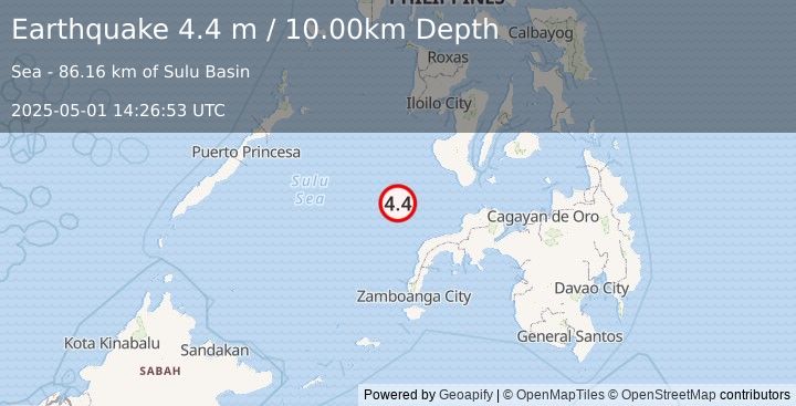 Earthquake MINDANAO, PHILIPPINES (4.4 m) (2025-05-01 14:26:53 UTC)