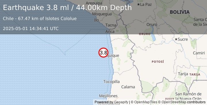 Earthquake OFFSHORE TARAPACA, CHILE (3.5 ml) (2025-05-01 14:34:42 UTC)