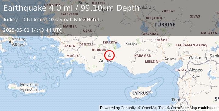 Earthquake WESTERN TURKEY (4.0 ml) (2025-05-01 14:43:44 UTC)
