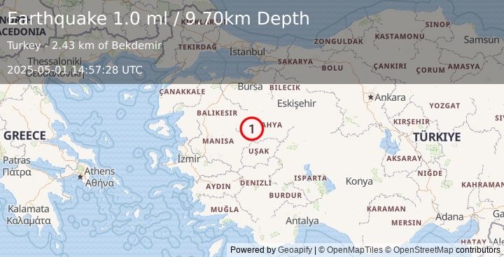 Earthquake WESTERN TURKEY (1.0 ml) (2025-05-01 14:57:28 UTC)