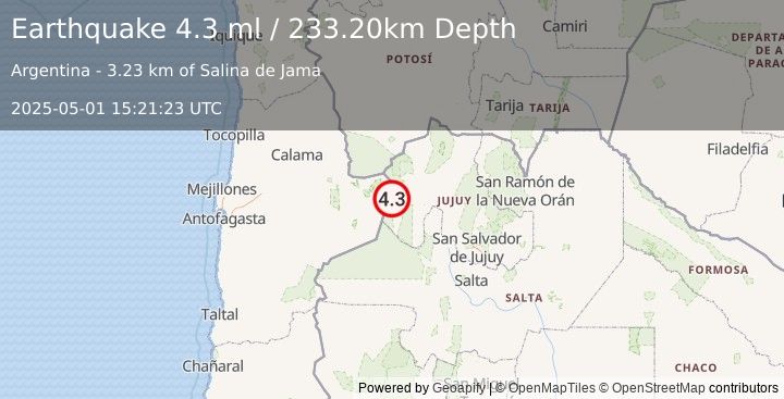 Earthquake JUJUY, ARGENTINA (4.3 ml) (2025-05-01 15:21:23 UTC)