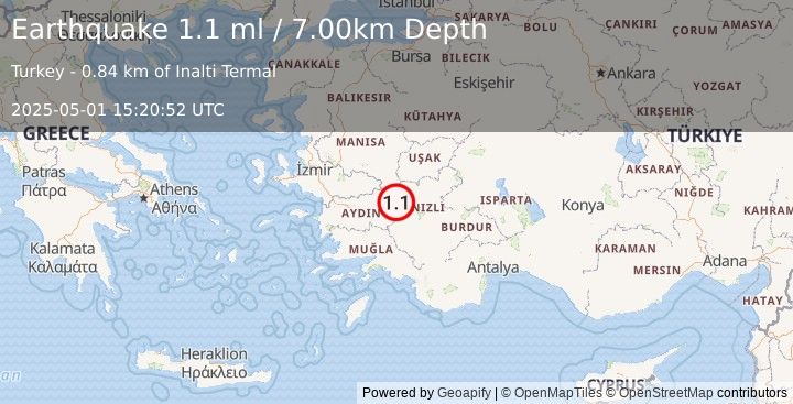Earthquake WESTERN TURKEY (1.1 ml) (2025-05-01 15:20:52 UTC)