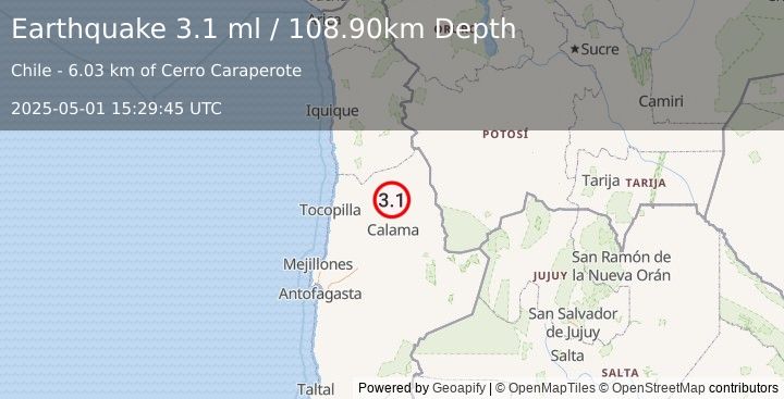 Earthquake ANTOFAGASTA, CHILE (3.1 ml) (2025-05-01 15:29:45 UTC)