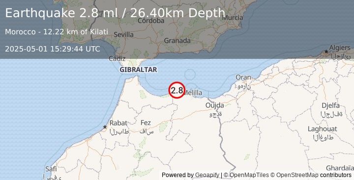 Earthquake STRAIT OF GIBRALTAR (2.8 ml) (2025-05-01 15:29:44 UTC)