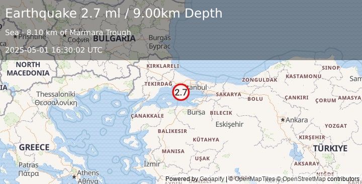 Earthquake WESTERN TURKEY (2.7 ml) (2025-05-01 16:30:02 UTC)