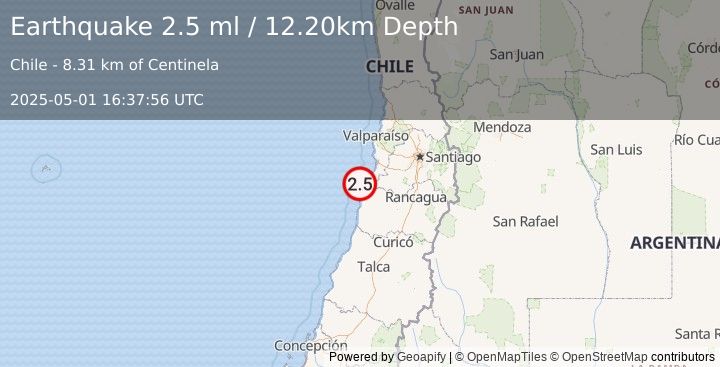 Earthquake OFFSHORE O'HIGGINS, CHILE (2.5 ml) (2025-05-01 16:37:56 UTC)