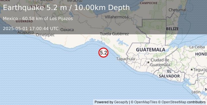 Earthquake OFF COAST OF CHIAPAS, MEXICO (5.2 mw) (2025-05-01 17:00:43 UTC)