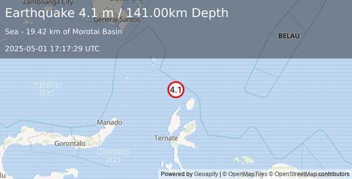Earthquake MOLUCCA SEA (4.1 m) (2025-05-01 17:17:29 UTC)