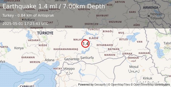 Earthquake EASTERN TURKEY (1.4 ml) (2025-05-01 17:23:43 UTC)