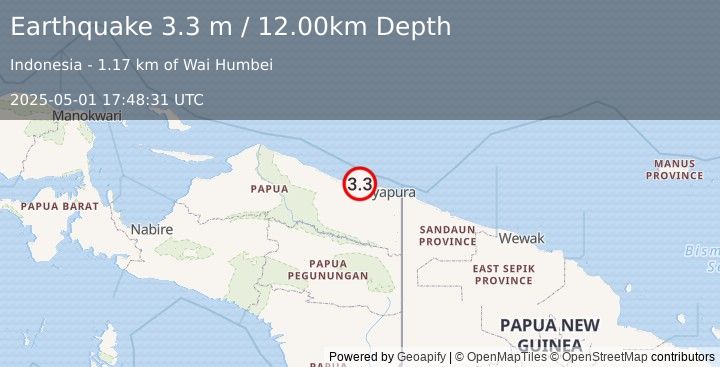 Earthquake NEAR N COAST OF PAPUA, INDONESIA (3.3 m) (2025-05-01 17:48:31 UTC)