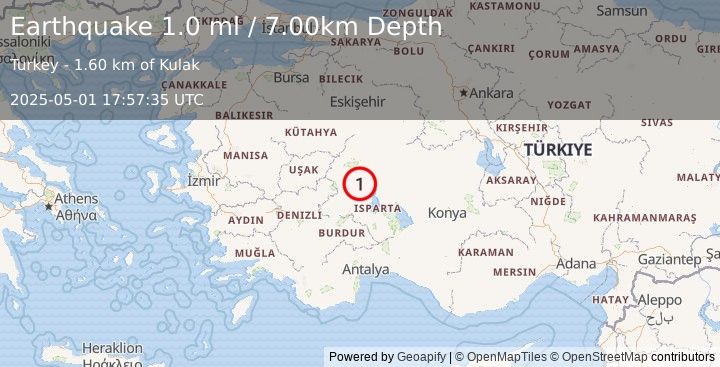 Earthquake WESTERN TURKEY (1.0 ml) (2025-05-01 17:57:35 UTC)