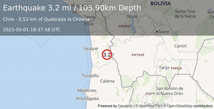Earthquake TARAPACA, CHILE (3.2 ml) (2025-05-01 18:37:58 UTC)