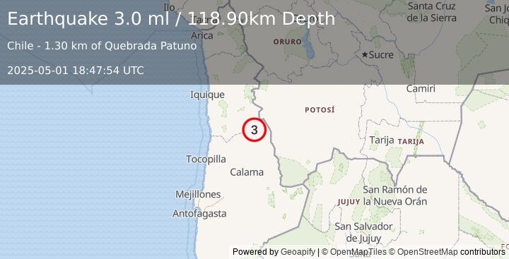 Earthquake ANTOFAGASTA, CHILE (3.0 ml) (2025-05-01 18:47:54 UTC)
