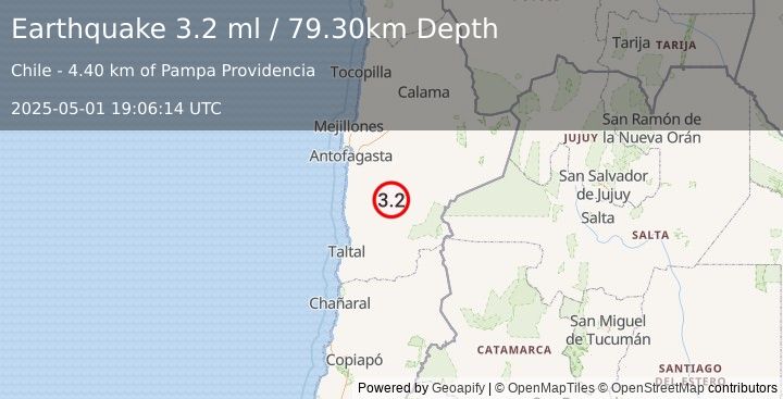 Earthquake ANTOFAGASTA, CHILE (3.2 ml) (2025-05-01 19:06:14 UTC)