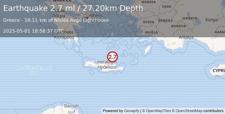 Earthquake CRETE, GREECE (2.7 ml) (2025-05-01 18:58:37 UTC)