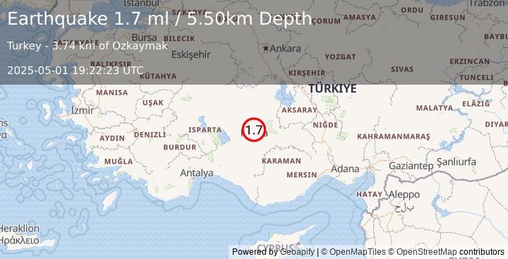 Earthquake CENTRAL TURKEY (1.7 ml) (2025-05-01 19:22:23 UTC)