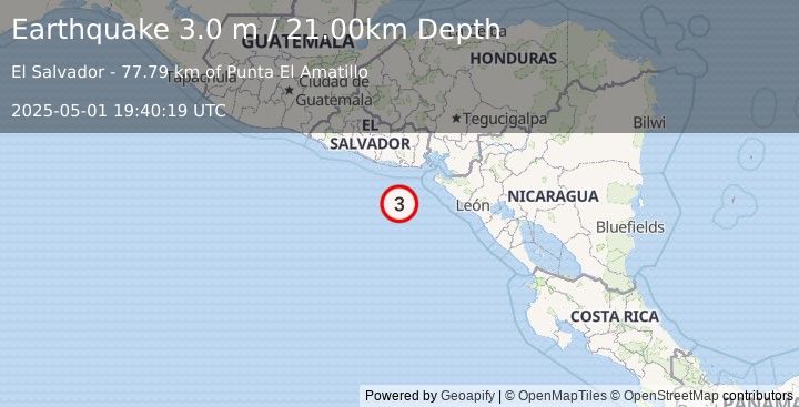 Earthquake OFFSHORE EL SALVADOR (3.0 m) (2025-05-01 19:40:19 UTC)