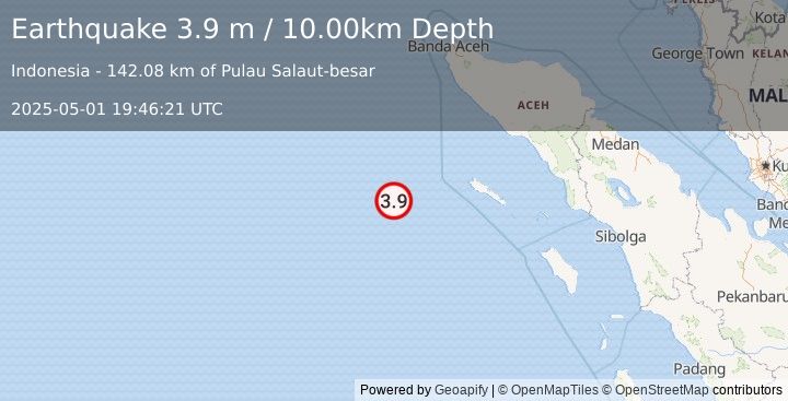 Earthquake OFF W COAST OF NORTHERN SUMATRA (3.9 m) (2025-05-01 19:46:21 UTC)