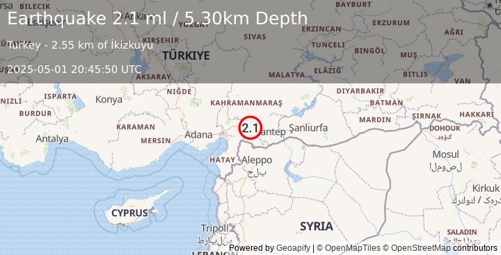 Earthquake CENTRAL TURKEY (2.1 ml) (2025-05-01 20:45:50 UTC)