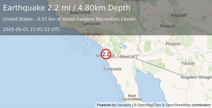 Earthquake SAN DIEGO CTY URBAN AREA, CALIF. (2.2 ml) (2025-05-01 21:01:53 UTC)