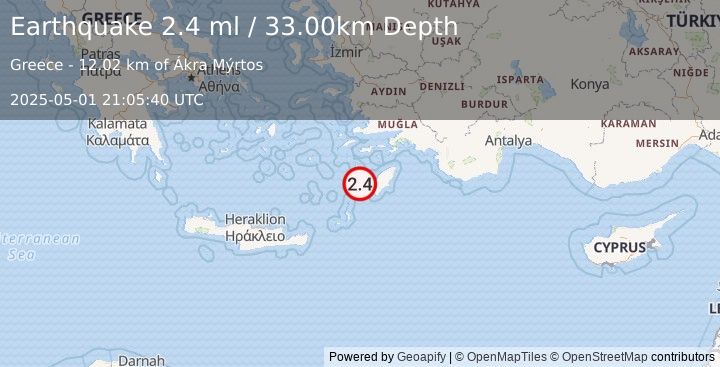 Earthquake DODECANESE IS.-TURKEY BORDER REG (2.4 ml) (2025-05-01 21:05:35 UTC)
