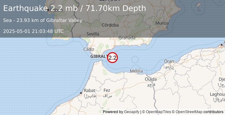 Earthquake STRAIT OF GIBRALTAR (2.2 mb) (2025-05-01 21:03:48 UTC)