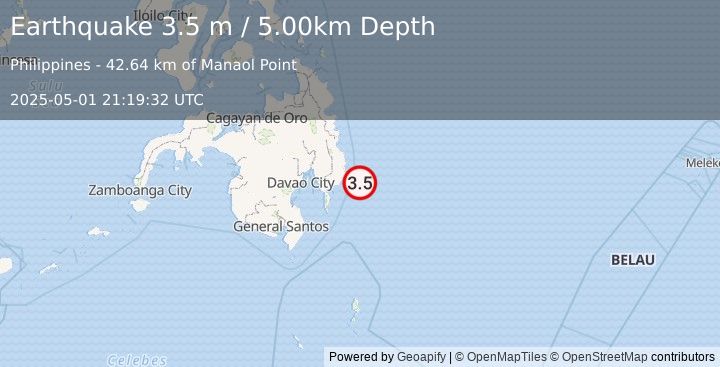 Earthquake MINDANAO, PHILIPPINES (3.5 m) (2025-05-01 21:19:32 UTC)