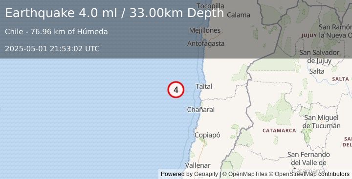 Earthquake OFF COAST OF ANTOFAGASTA, CHILE (4.0 ml) (2025-05-01 21:53:07 UTC)