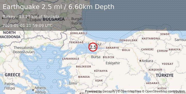 Earthquake WESTERN TURKEY (2.5 ml) (2025-05-01 21:59:09 UTC)