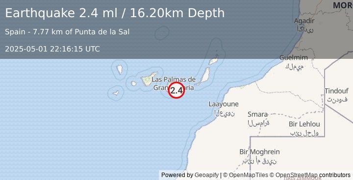 Earthquake CANARY ISLANDS, SPAIN REGION (2.4 ml) (2025-05-01 22:16:15 UTC)