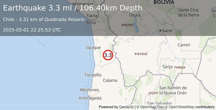 Earthquake TARAPACA, CHILE (3.3 ml) (2025-05-01 22:25:53 UTC)