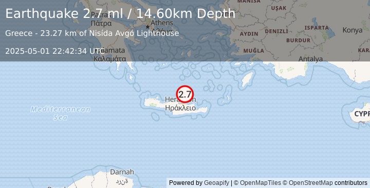 Earthquake CRETE, GREECE (2.7 ml) (2025-05-01 22:42:34 UTC)