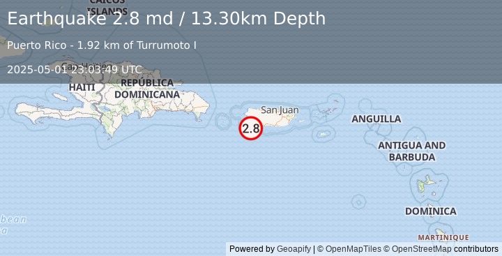 Earthquake PUERTO RICO REGION (2.8 md) (2025-05-01 23:03:49 UTC)