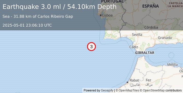 Earthquake WEST OF GIBRALTAR (3.0 ml) (2025-05-01 23:06:10 UTC)