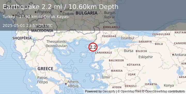 Earthquake WESTERN TURKEY (2.2 ml) (2025-05-01 23:57:25 UTC)