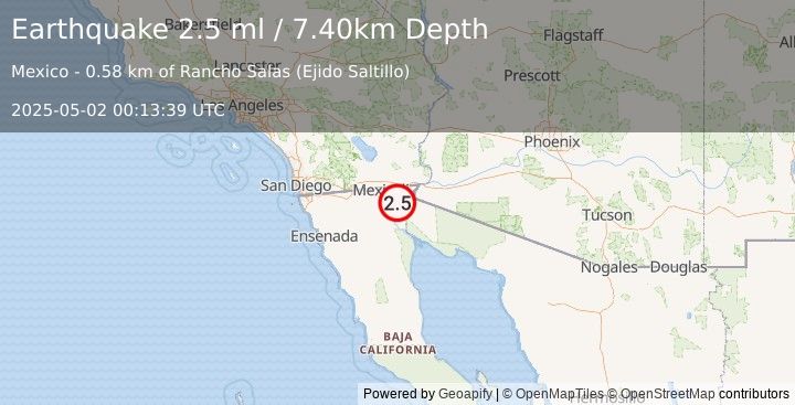 Earthquake BAJA CALIFORNIA, MEXICO (2.5 ml) (2025-05-02 00:13:39 UTC)