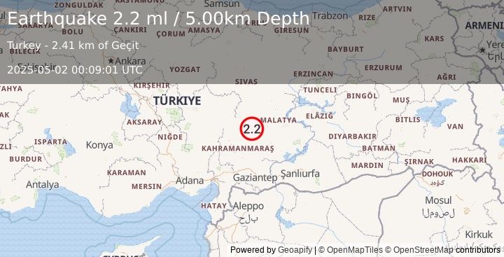 Earthquake CENTRAL TURKEY (2.2 ml) (2025-05-02 00:09:01 UTC)