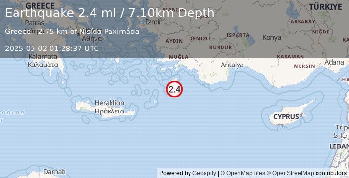 Earthquake EASTERN MEDITERRANEAN SEA (2.4 ml) (2025-05-02 01:28:37 UTC)