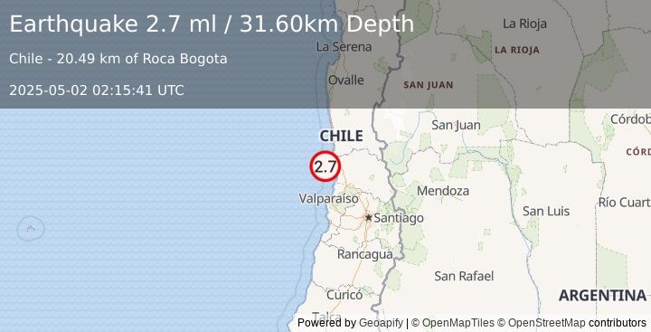 Earthquake OFFSHORE VALPARAISO, CHILE (2.7 ml) (2025-05-02 02:15:41 UTC)