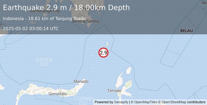 Earthquake KEPULAUAN TALAUD, INDONESIA (2.9 m) (2025-05-02 03:00:14 UTC)
