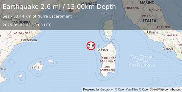 Earthquake WESTERN MEDITERRANEAN SEA (2.6 ml) (2025-05-02 03:18:03 UTC)
