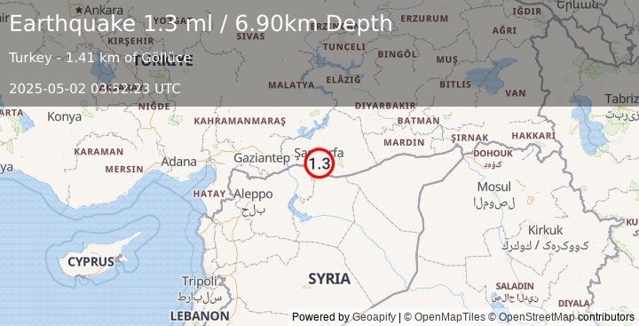 Earthquake TURKEY-SYRIA BORDER REGION (1.3 ml) (2025-05-02 03:52:23 UTC)