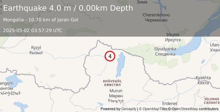 Earthquake RUSSIA-MONGOLIA BORDER REGION (4.0 m) (2025-05-02 03:57:29 UTC)