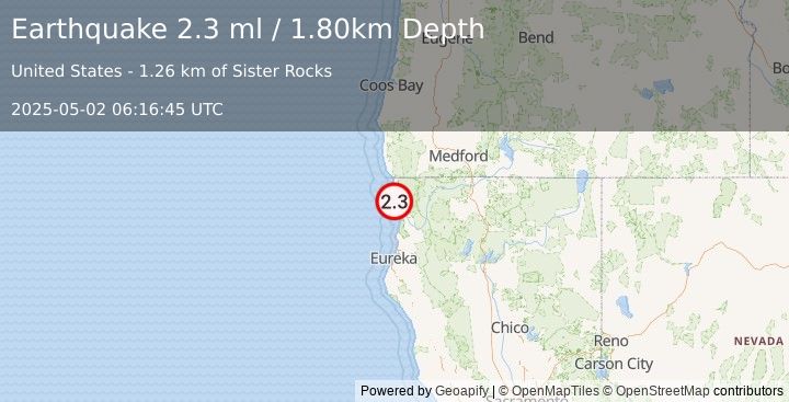 Earthquake OFFSHORE NORTHERN CALIFORNIA (2.2 ml) (2025-05-02 06:16:44 UTC)