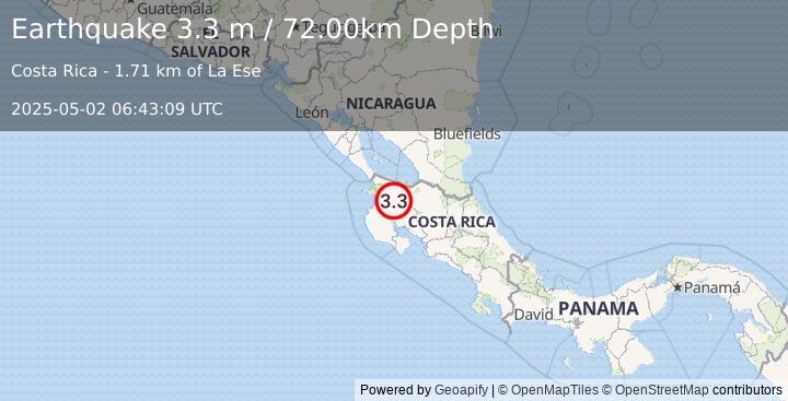 Earthquake COSTA RICA (3.3 m) (2025-05-02 06:43:09 UTC)