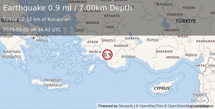 Earthquake WESTERN TURKEY (0.9 ml) (2025-05-02 06:36:42 UTC)