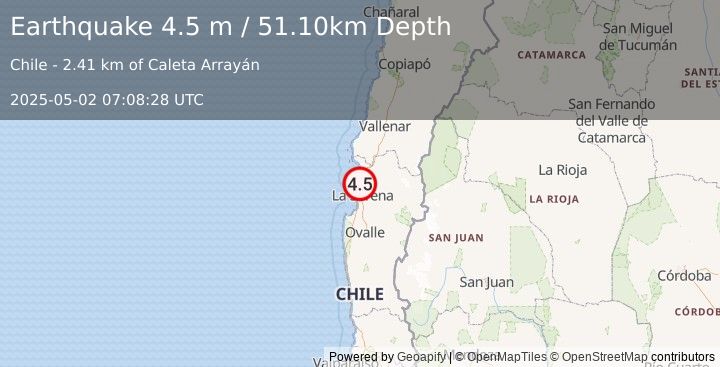 Earthquake COQUIMBO, CHILE (4.5 m) (2025-05-02 07:08:28 UTC)